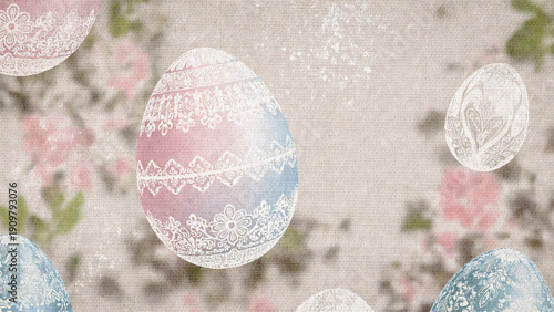 Pink and blue eggs float amidst a floral background, dusted with snow. They feature intricate lace designs.