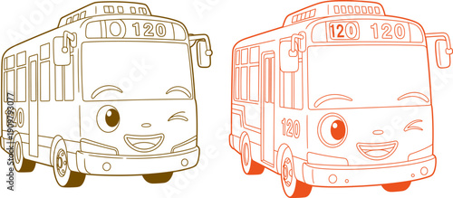 Cartoon bus outline brown and orange cute characters isolated on checkered background