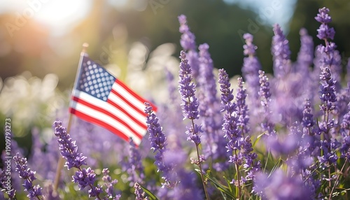 A serene field of lavender with an American flag waving gently in the background on a sunny day.