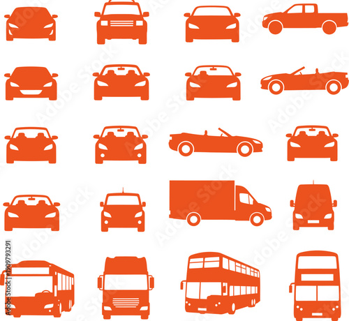 Various car models, trucks, and buses, transport vehicle set vector illustration
