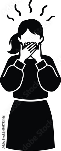 Minimalist icon front view woman covering mouth with both hands surprised expression black silhouette isolated on white background vector emotive