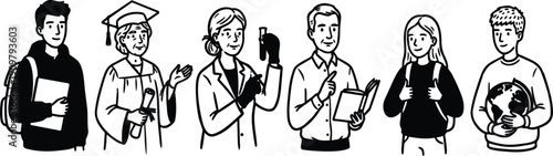 Line art row of diverse students and professionals including graduate scientist teacher and environmental student holding globe friendly educational portrait