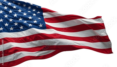 The American flag waving in the wind on a white background