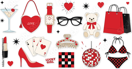 Fashion accessory sticker set with heart bag, martini, teddy bear, and bikini, cad drawing flat vector illustration