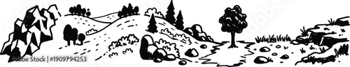 Line art panoramic hillside landscape with lone tree rocky path boulder cluster pine grove and rolling meadow in quiet composition