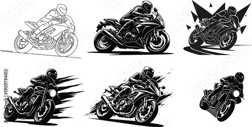 Dynamic sport motorcycle riders vector illustration, high speed racing, leaning turns, bold shading, motion lines, stylized motorbike art, motorsport graphic design