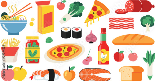 International food set with sushi, pizza, ramen, bread, and fresh ingredients, cad drawing flat vector illustration