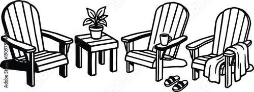 Line art vector close up of three adirondack chairs with side table plant mug slippers towel on bright porch morning