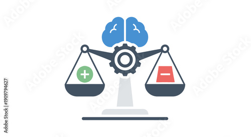 Balance scale with brain and icons.