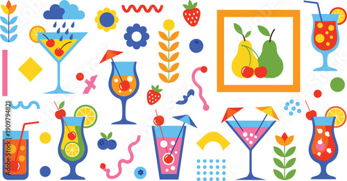 Summer cocktail drinks set with tropical fruits, cherries, berries, and abstract shapes, cad drawing flat vector illustration