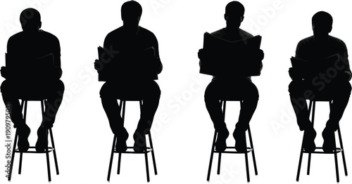 a group of four silhouetted individuals are seated on stools each absorbed in reading a book or document in isolation