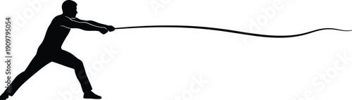a silhouetted figure is depicted in a dynamic pose seemingly pulling or manipulating a long curving rope against a stark white background