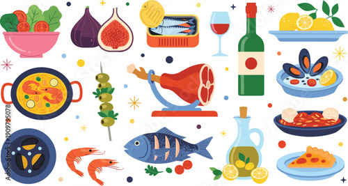 Mediterranean food set with seafood, tapas, wine, olive oil, and jamon, cad drawing flat vector illustration