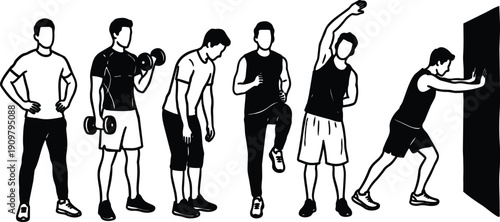 Minimalist line art sequence of male fitness exercises with dumbbell stretching high knee wall push silhouette side view training minimal