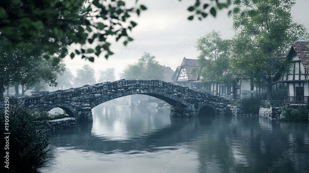 Obraz premium Charming countryside bridge with calm river reflection and green hills high resolution picture