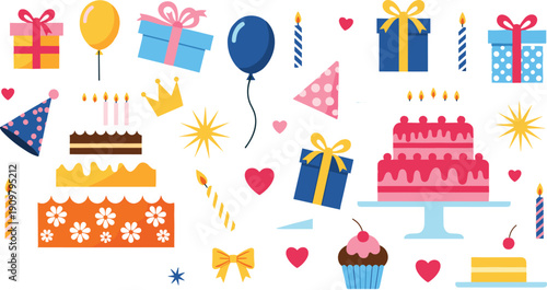 Birthday celebration set with cake, gifts, balloons, candles, and party hats in flat vector illustration style.
