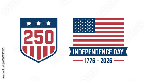 American Independence Day celebration emblems with USA flags and 250 years anniversary  patriotism symbols