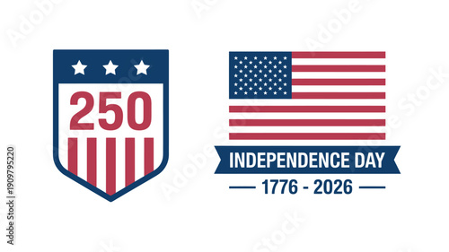 American Independence Day celebration emblems with flags and numbers  patriotic symbols