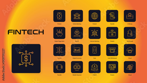 Professional Fintech and Digital Banking Symbol Set – 20 Orange Linear Graphics for Financial Technology, Wealth Management, and Online Security