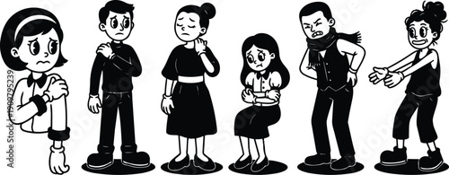 Retro cartoon lineup clutching shoulders and stomach showing pain expressions sad angry seated standing black and white vector illustration vintage