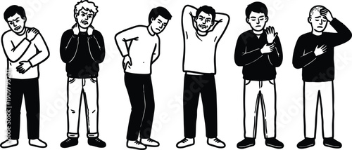 Minimal line art six men showing varied pain gestures front view medical symptom illustration with neutral lighting and simple poses