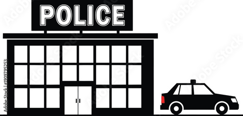a simple black and white illustration depicts a police station building with the word police on top and a car nearby