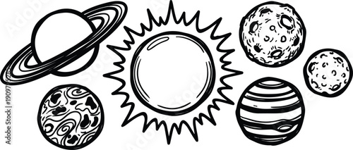 Line art overhead view of sun and surrounding planets with ringed planet cratered moons and swirling textured surfaces in ink