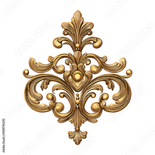 Golden Baroque Floral Ornament with Intricate Details Isolated on White Background
