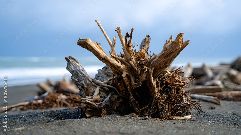 Fototapeta premium Large weathered driftwood stump on a dark sand beach under a cloudy sky. A rustic coastal scene with textured tree roots and ocean waves in a blurred background.
