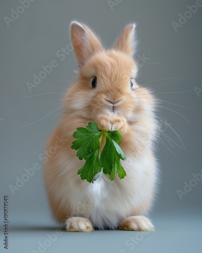 cute rabbit holding green leaf 