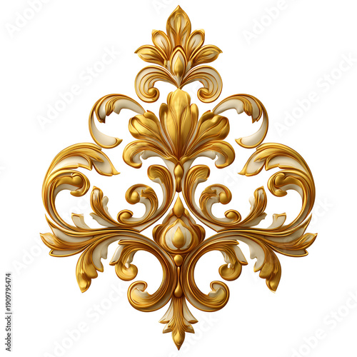 Golden Baroque Floral Ornament with Intricate Details Isolated on White Background