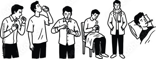 Line art sequential showing man coughing taking medicine drinking water preparing pills sitting with blanket wearing scarf lying with thermometer
