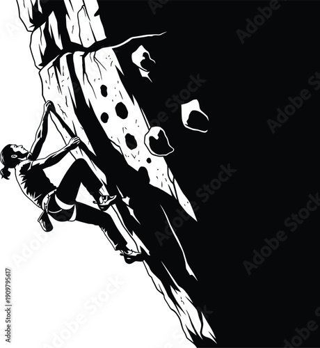 A striking black and white illustration depicts a determined rock climber ascending a steep textured climbing wall with visible handholds