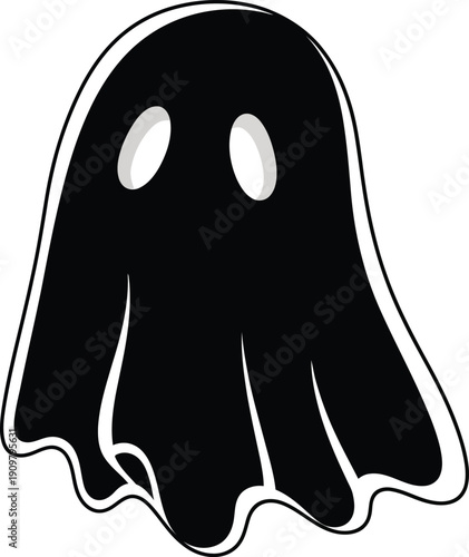 a simple and classic depiction of a black ghost with rounded features and a flowing shape floating on a white background