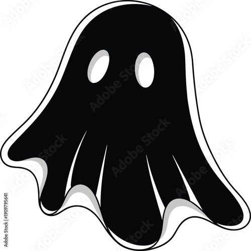 a simple black and white illustration of a classic cartoon ghost with oval eyes and a flowing draped shape isolated on a white background