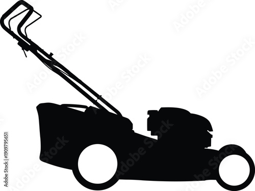 A simple black silhouette depicts a typical walk behind lawn mower with a curved handle and visible wheels showcasing garden equipment