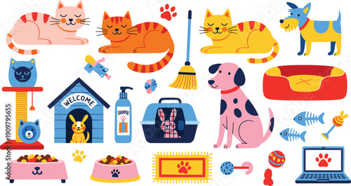 Cute pet care vector illustration set with cats dogs bunny food bowls toys and grooming accessories