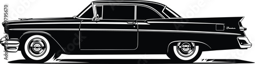 a sleek black and white illustration depicts a classic american automobile from the late nineteen fifties showcasing its iconic design