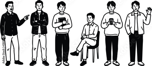 Line art front view six young men standing and sitting one waving pointing holding book and coffee crossed arms casual