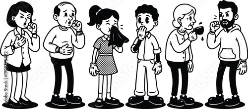 Retro cartoon row of diverse people coughing sneezing covering mouth holding handkerchief in black and white line art concerned scene