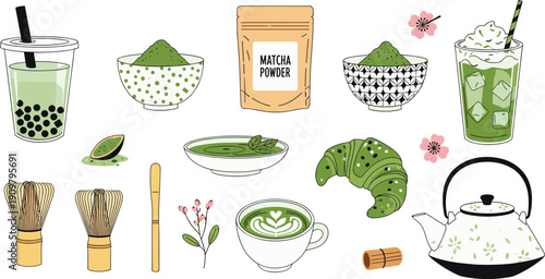 Matcha green tea set with powder whisk bubble tea latte and croissant cad drawing flat vector illustration