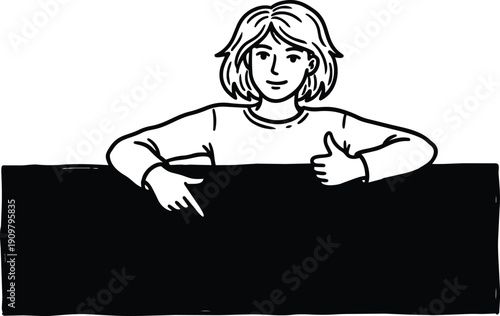 Line art woman leaning over blank banner pointing and giving thumbs up front view casual pose monochrome minimalist