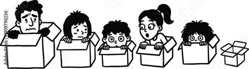 Line art comic family hiding in cardboard boxes five surprised faces close up playful scene moving day black and white