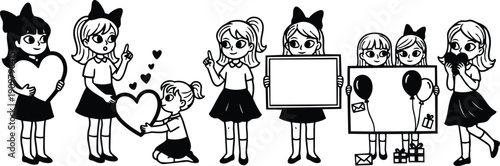 Cartoon line art girls holding hearts signs and balloons various poses looking at camera flat vector illustration with playful mood