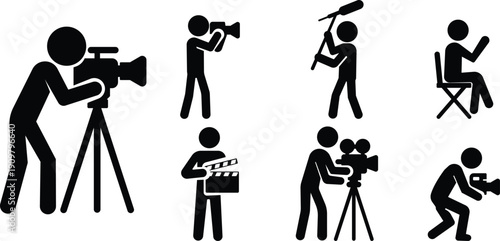 Stickman cameraman silhouette set, Video production crew and filmmaking media worker icons, Film industry shooting and broadcast character collection