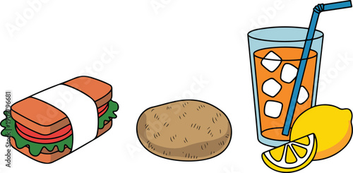 Street Food Outline Icon Set  Wraps, Fries, and Refreshing Drinks