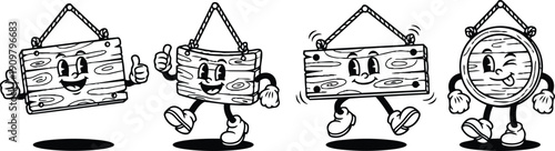 Retro cartoon walking wooden sign mascot winking and giving thumbs up front view black and white ink illustration