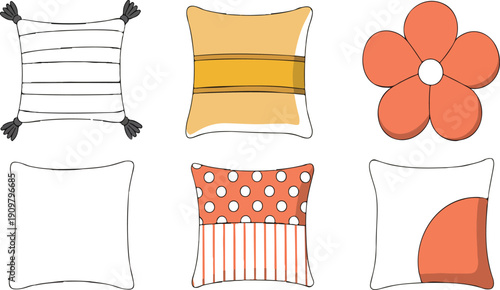 Cozy Throw Pillow Outline Icon Set  Cartoon Cushions in Pastel Colors