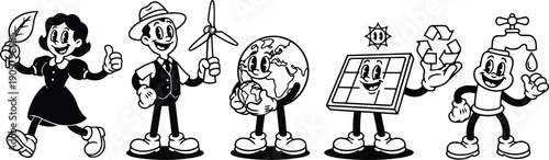 Vintage rubber hose style row of environmental mascots walking with eco icons smiling at viewer in black and white lineart