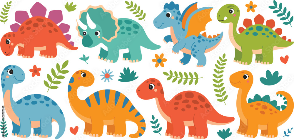 Naklejka premium Cute Dinosaur Outline Character Set Smiling Baby Dinos with Plants